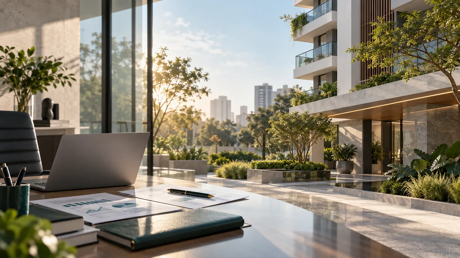 Mesa de trabalho com relatórios e laptop diante de um edifício ao fim da tarde